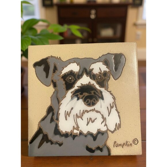 Hand-Glazed Painted Schnauzer Dog Tile Trivet By Pumpkin Inc. 6"x6" For Hanging - Picture 1 of 3